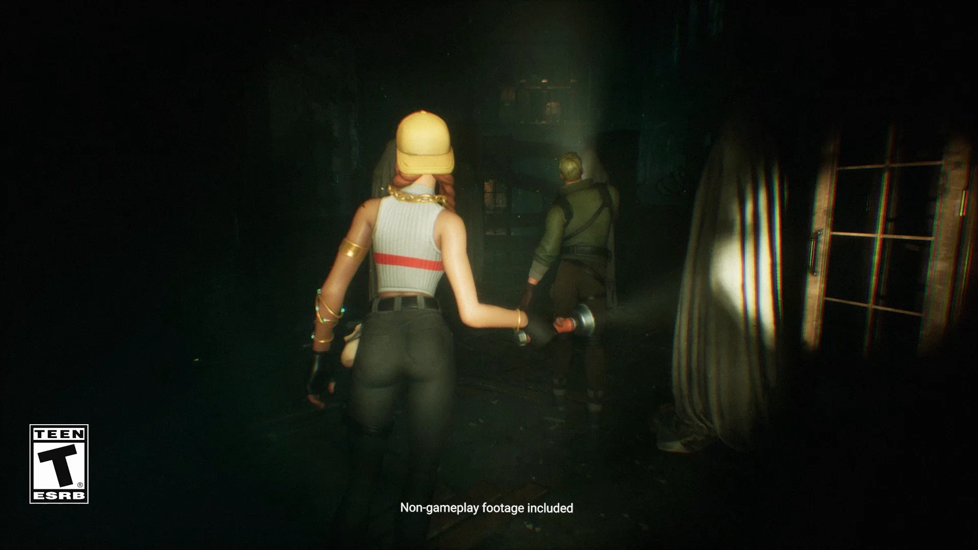 Two Fortnite characters exploring a dark corridor with flashlights in the official Conjuring trailer