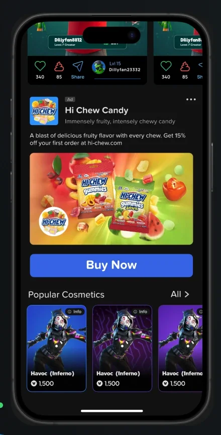 Dilly app phone mockup showing a HI-CHEW native feed placement