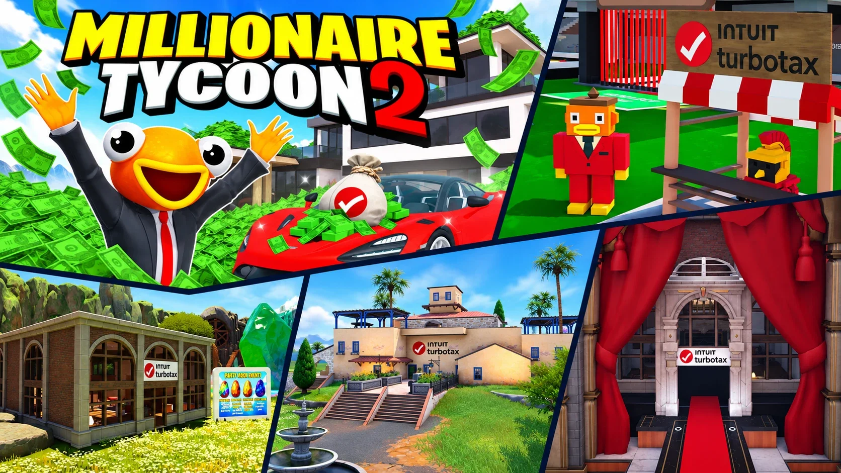 TurboTax campaign montage featuring Millionaire Tycoon 2, Steal the Brainrot, Warrior Tycoon, Speed Realistics and 50 Fashion Show